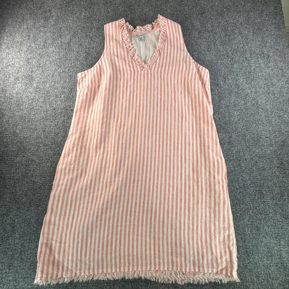 Tommy Bahama Linen Striped Shift Dress Large Coral White Ruffle Frayed Hem